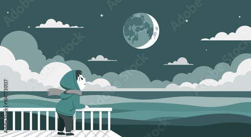 Boy Under Moonlit Sky Gazing at The Sea from Wooden Pier at Night