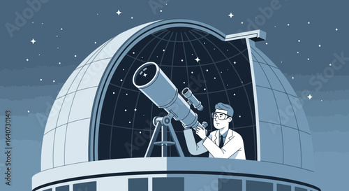Astronomer Observing The Galaxy With Telescope From Observatory At Night