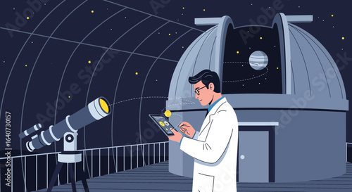 Astronomer Uses Digital Tablet In The Observatory For Galaxy Exploration