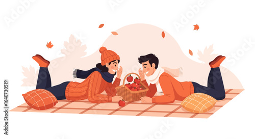 Autumn Romance Couple Enjoying Apple Picnic During Foliage Season Celebration