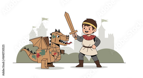 Brave knight and cardboard dragon illustration suitable for children's books or fairy tales