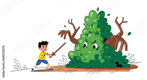 Brave young adventurer confronts a menacing bush monster with his wooden sword ready to defend his territory illustration