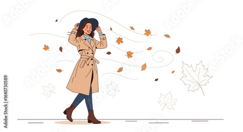 Breezy Autumn Day A Woman Walks in the Wind With Falling Leaves Around
