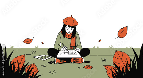 Autumnal Artist In Beret Draws On Sketchpad Outdoors During Fall Season Days