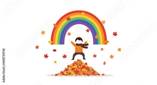 Autumnal Joy A Child Embraces Rainbow And Colorful Leaves Season Illustration