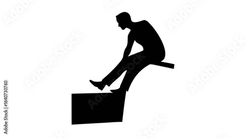 Silhouette contemplating the scene: A lone figure, cast in shadow, sits thoughtfully upon a geometric form, his form against the background, a study in introspection and contemplation.