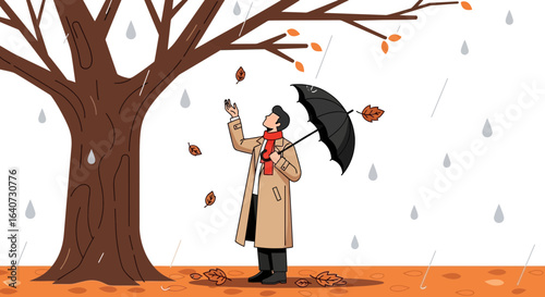 Autumnal Serenity: A man stands in the rain under an umbrella enjoying the falling leaves