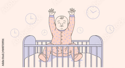Baby Wake Up Time Conceptual Morning Newborn In Crib Cartoon Illustration