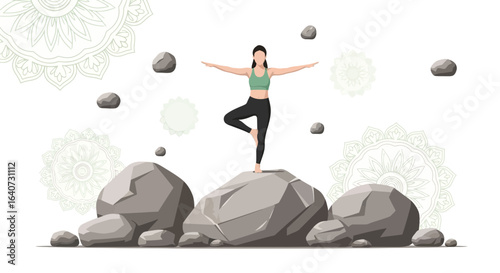 Balance And Harmony A Woman Practicing Yoga On Rocks Surrounded By Nature