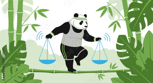 Balancing Act Panda Bear Balancing Scales on Bamboo Branch Fitness Concept