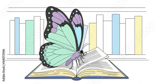 Butterfly Discovering The Literary World Among Colorful Books On The Shelf