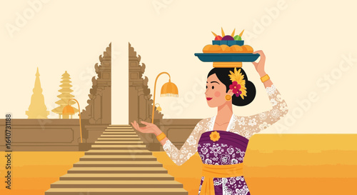 Balinese woman offering a canang sari in a traditional temple setting illustration