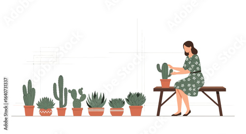 Cactus Collection Woman Caring For Plants Simple Flat Vector Illustration
