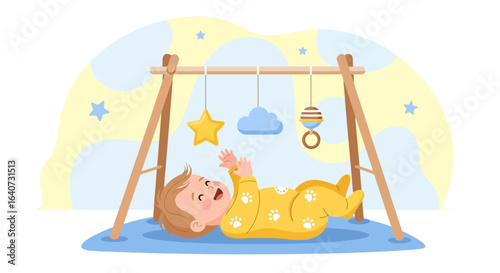 Captivating baby illustration enjoying playtime with toys hanging from a wooden gym frame