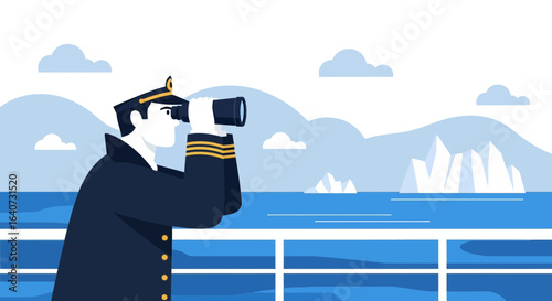 Captain Searching For New Horizons With Binoculars On The Ship Deck