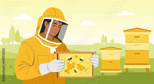 Beekeeper Inspecting Honeycomb Frame With Beehives In The Background Landscape