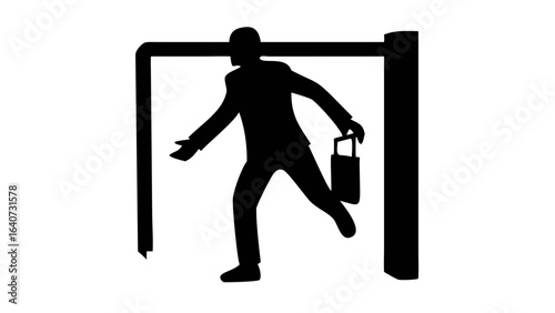 Silhouette's Passage: A resolute individual strides purposefully through an archway, clutching a briefcase, the silhouette symbolizing the journey's transition. 