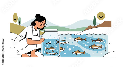 Captivating illustration of a woman with a jar of fish in a serene nature setting