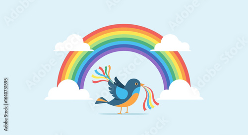 Bird Delivers Rainbows Between Clouds Spreading Joy and Happiness to the World