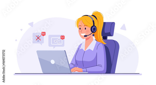 Blond Woman Working With Headset And Laptop Illustration For Online Support