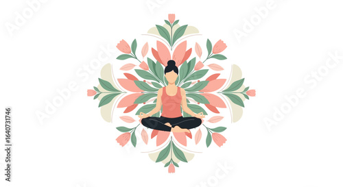 Blooming Serenity Woman Practicing Meditation In Floral Ornament On White Backdrop