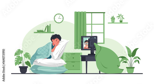 Boy attends online video call from bed while feeling unwell showcasing remote work