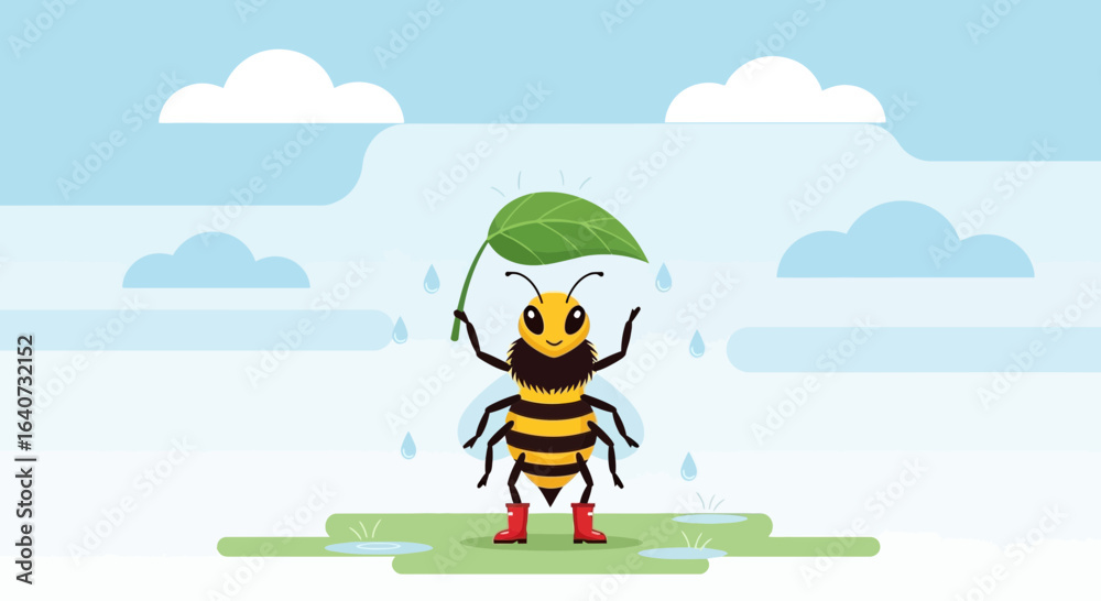 Obraz premium Cartoon bee illustration in rainy weather with a leaf and wearing boots creates a whimsical and charming image