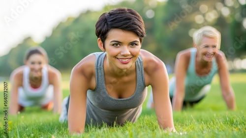 Women doing push ups in park fitness workout exercise routine healthy lifestyle outdoor training group activity