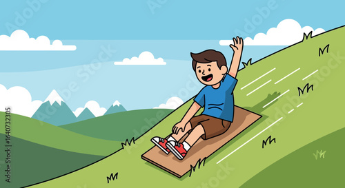 Cartoon Boy Having Fun Sledding Down a Green Hill in Summer Vacation