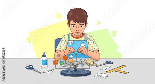 Cartoon boy creating a solar system model with planets and craft supplies diligently working on his science project