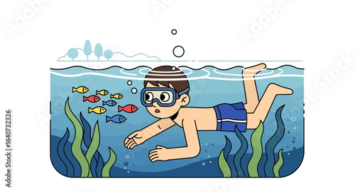 Cartoon Boy Explores Underwater World Swims with Fish In Decorative Aquarium