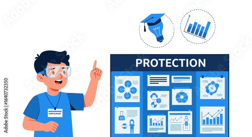 Cartoon boy presenting research findings with safety goggles promoting project protection through scientific inquiry and innovation exhibition