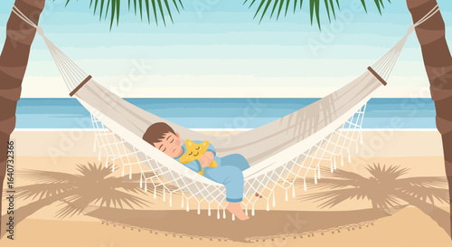 Boy Dreamy Sleep On Tropical Sandy Beach In Hammock Paradise Illustration