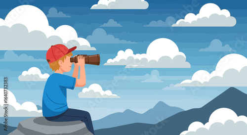 Cartoon Boy On A Rock Seeks Adventure In Nature With Telescope