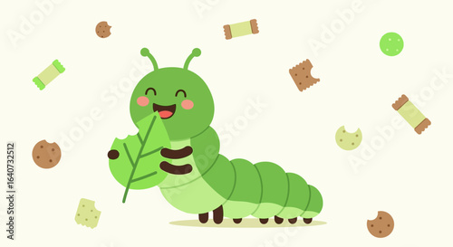 Cartoon caterpillar character eating a leaf surrounded by cookies and snacks pattern