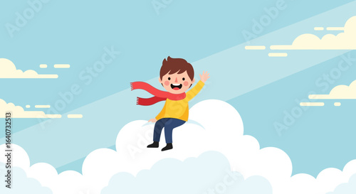 Cartoon Character Boy Sitting On Cloud And Waving Hand With Happy Face