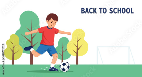Boy enjoying playing football in the park with the theme back to school theme