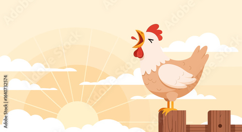 Cartoon Chicken Announces Morning Sunrise On Fence Perch Vector Illustration
