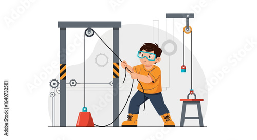 Boy experimenting with pulley systems demonstrating physics principles in a lab setting