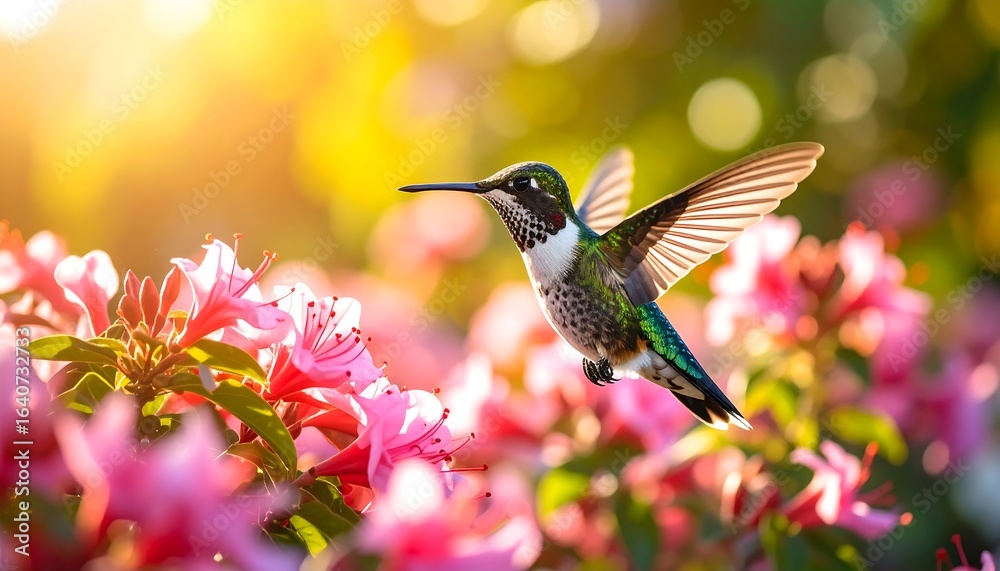 Naklejka premium Hummingbird in flight near pink flowers, backlit by warm sunlight