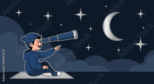 Boy Exploring The Night Sky Through His Telescope Under The Moonlight