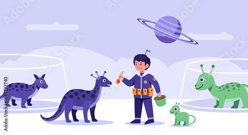 Boy Feeds Alien Animals At Intergalactic Zoo With Planetary Landscape Illustration