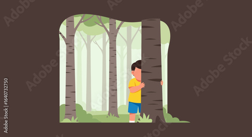 Cartoon Child Playing Hide And Seek Behind A Tree In A Forest Scene Illustration