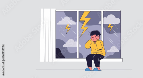 Boy Feeling Fear And Anxiety During A Thunderstorm At Home Illustration