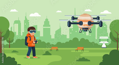 Boy Flying a Jupiter Styled Drone in a Park with Futuristic Glasses