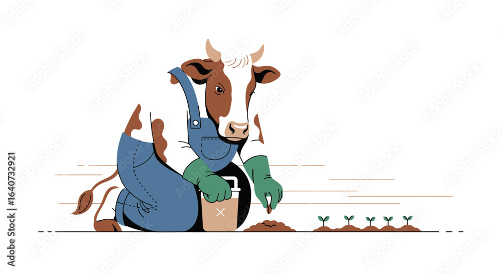 Fototapeta premium Cartoon cow planting seeds in a field showcasing sustainable agriculture practices and farming techniques