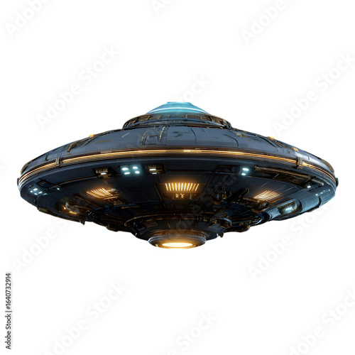 Isolated image of a metallic ufo with lights and a black background in a studio shot view on transparent background