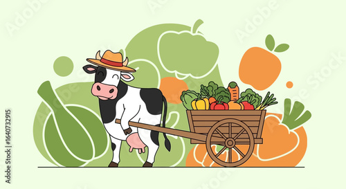 Cartoon cow pulling a wagon full of fresh vegetables and wearing a cowboy hat vector illustration farm agriculture organic healthy food