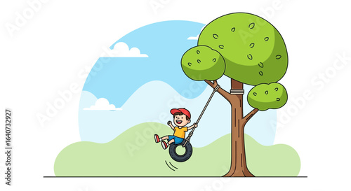 Boy Having Fun On Tire Swing Under Tree On A Summer Day