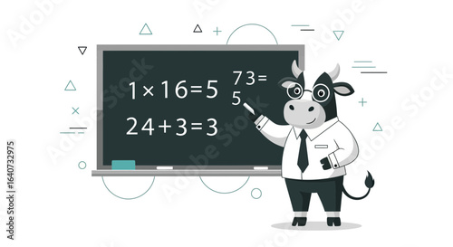 Cartoon Cow Teacher Presenting Incorrect Math Problems on a Blackboard in a Classroom
